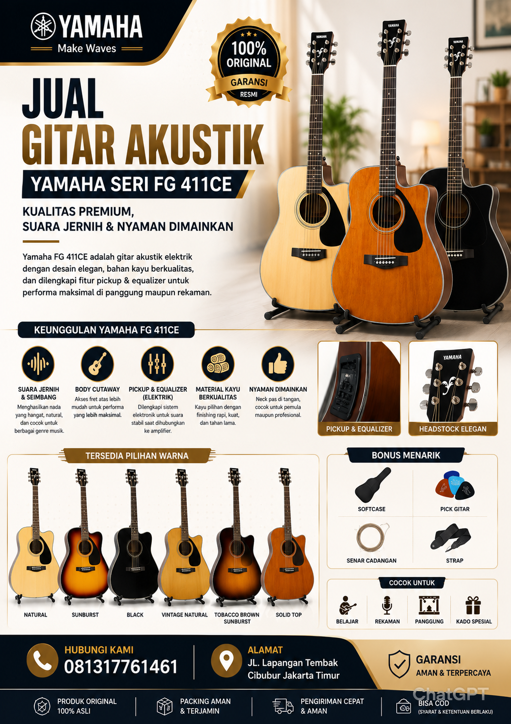Jual Gitar Akustik Yamaha Seri FG 411CE Original Berkualitas